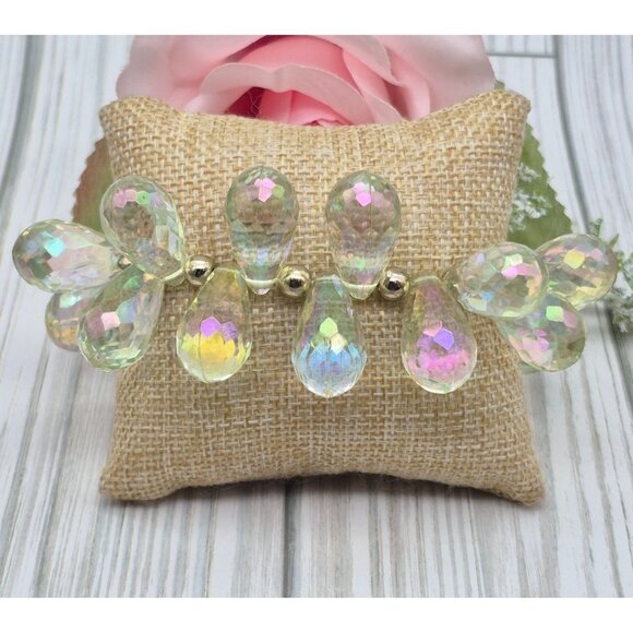 AB Aurora Borealis Crystal Dangle Teardrop Cha Cha Stretch Bracelet Statement - Picture 3 of 8